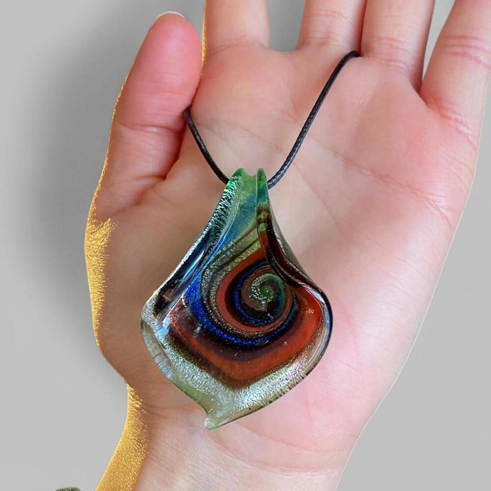 red, blue, silver and green swirl glass pendant necklace with black cord! 🍭🌀